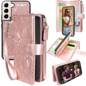 Harryshell Detachable Magnetic Zipper Wallet Leather Case with Cash Coin Pocket 12 Card Slots Holder Wrist Strap Lanyard for Samsung Galaxy S22+ S22 Plus 5G (2022) 6.6 Inch Flower (Teal)