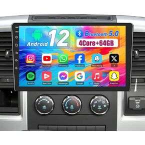 4Core+64G Car Radio Stereo Upgrade for Dodge Ram 1500 2500 3500 2009 2010 2011 2012: 10" Touch Screen 1280 * 800, Wireless CarPlay Android Auto, GPS, Backup Camera 5GWIFI Bluetooth 5.0 FM SWC