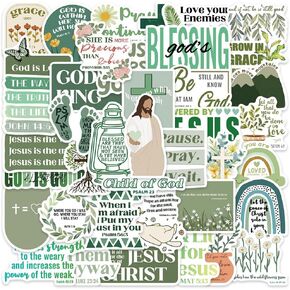 50 PCS Inspirational Christian Stickers, Waterproof Bible Verse Jesus Stickers for Water Bottles Laptop Scrapbook Journaling Planner, Green Bible Religious Sticker for Adults Faith Based Gifts