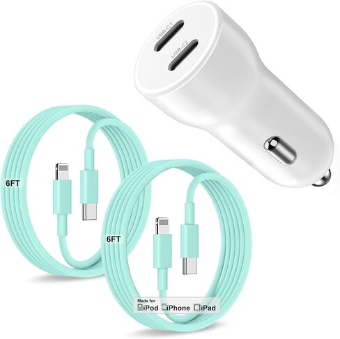 شاحن سيارة iPhone 14 13، 45 وات بمنفذ مزدوج USB C Rapid Apple Car | [معتمد من Apple MFi] كابل شحن سريع من النوع C إلى Lightning بطول 6 أقدام لهاتف iPhone 14 Pro Max 13 12 11 X XS SE وiPad Air وMini وPro in Kuwait