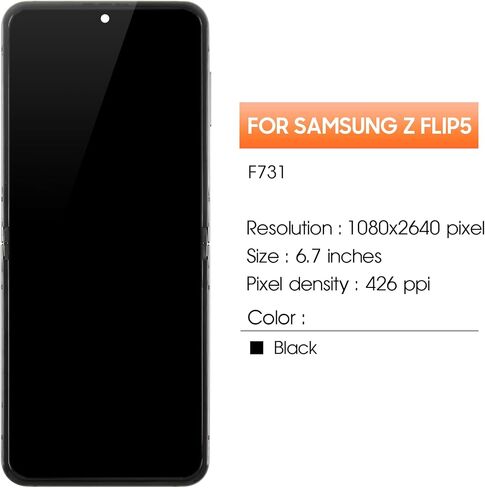Original Inner Foldable for Samsung Galaxy Z Flip5 Screen Replacement for Samsung Z Flip 5 LCD Display SM-F731B SM-F731U LCD Digitizer Touch Screen Assembly Repair Part with Frame (Black) in Saudi Arabia