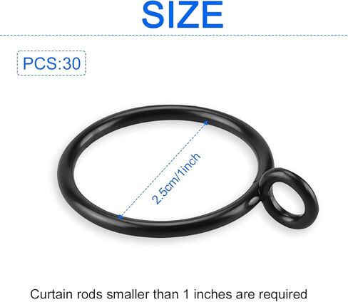 حلقات ستائر 30 قطعة من حلقات الستارة المعدنية مع قضيب ستارة العيينة ومشبك حلقي للستائر المزخرفة وحلقات حلقات حلقية ودبابيس خطافية لنافذة الحمام والمنزل والمطبخ (فضي، 1.5 بوصة/38 مم) in Kuwait