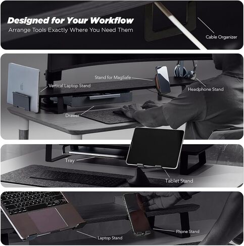 Moodular Wooden Monitor Stand 45.6" (116cm) Large Desk Organizer with Metal Slide Rails for Drawer, Tray, Laptop, Tablet, Phone & Headphones Customizable Riser for Organized Workspace Walnut in Saudi Arabia