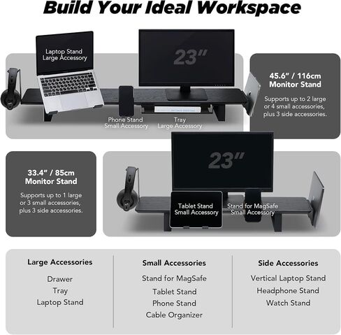Moodular Wooden Monitor Stand 45.6" (116cm) Large Desk Organizer with Metal Slide Rails for Drawer, Tray, Laptop, Tablet, Phone & Headphones Customizable Riser for Organized Workspace Walnut in Saudi Arabia
