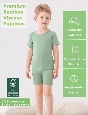 JunNeng Bamboo Viscose Toddler Pajamas Baby 4 Piece Summer Pjs, 12M-7Y | Cool Breathable, Short Sleeve, Snug Fit, Classic Solid Pajamas Sets for Boys Girls Kid in Saudi Arabia