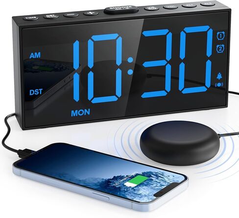 Loud Alarm Clock for Heavy Sleeper,Vibrating Alarm Clock for Hearing Impaired Deaf,Annoying Alarm Clock,USB Port,Dual Alarm with Snooze,7" Large Dimmable LED Display,Battery Backup,Easy to Use,DST in Kuwait