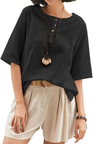 Linen Tops for Women 3/4 Sleeve Crew Neck Cotton Shirts Casual Jacquard Boho Blouse in Saudi Arabia