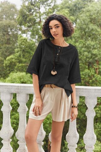 Linen Tops for Women 3/4 Sleeve Crew Neck Cotton Shirts Casual Jacquard Boho Blouse in Saudi Arabia