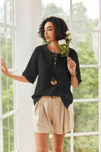 Linen Tops for Women 3/4 Sleeve Crew Neck Cotton Shirts Casual Jacquard Boho Blouse in Saudi Arabia