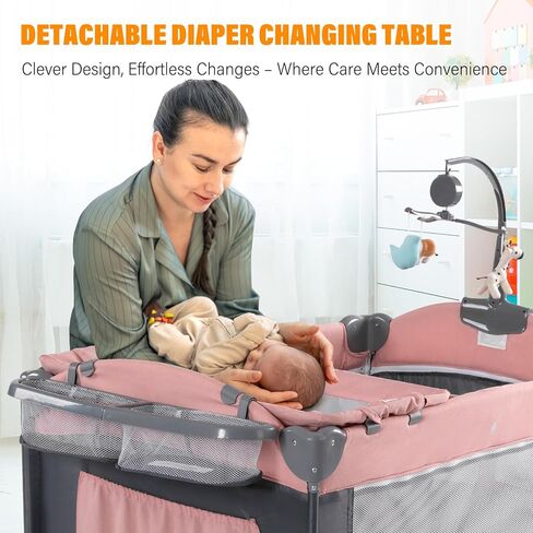 سرير أطفال 5 في 1، أسرة بجانب السرير، حزمة واللعب مع سرير وطاولة تغيير الحفاضات، روضة أطفال محمولة للسفر مع ألعاب وصندوق موسيقى، مرتبة للبنات والرضع حديثي الولادة (وردي) in Kuwait