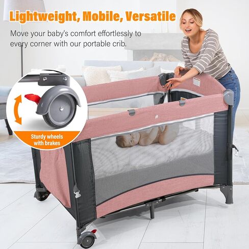 سرير أطفال 5 في 1، أسرة بجانب السرير، حزمة واللعب مع سرير وطاولة تغيير الحفاضات، روضة أطفال محمولة للسفر مع ألعاب وصندوق موسيقى، مرتبة للبنات والرضع حديثي الولادة (وردي) in Kuwait