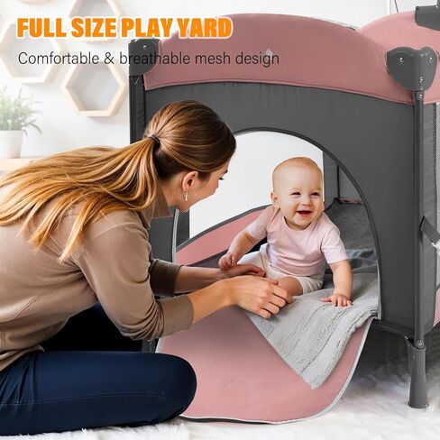 سرير أطفال 5 في 1، أسرة بجانب السرير، حزمة واللعب مع سرير وطاولة تغيير الحفاضات، روضة أطفال محمولة للسفر مع ألعاب وصندوق موسيقى، مرتبة للبنات والرضع حديثي الولادة (وردي) in Kuwait