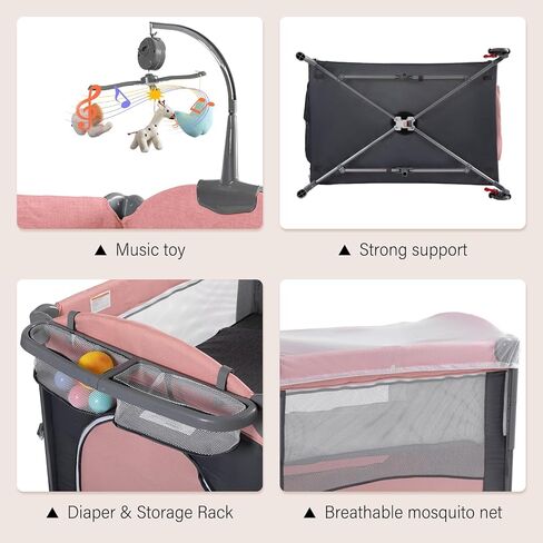 سرير أطفال 5 في 1، أسرة بجانب السرير، حزمة واللعب مع سرير وطاولة تغيير الحفاضات، روضة أطفال محمولة للسفر مع ألعاب وصندوق موسيقى، مرتبة للبنات والرضع حديثي الولادة (وردي) in Kuwait