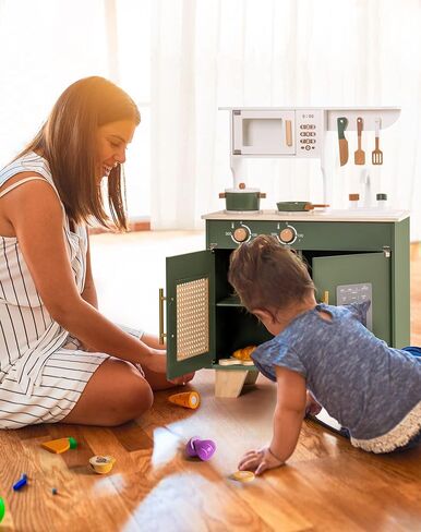ROBOTIME Play Kitchen with Pretend Ice Cube Dispenser for Toddler, Wooden Kids Kitchen Play Set, Toy Kitchen Set for Kids Age 3 4 5 6 7 (Vintage Green) in Saudi Arabia