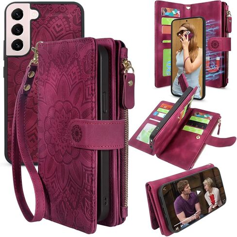 Harryshell Detachable Magnetic Zipper Wallet Leather Case with Cash Coin Pocket 12 Card Slots Holder Wrist Strap Lanyard for Samsung Galaxy S22+ S22 Plus 5G (2022) 6.6 Inch Flower (Teal) in Saudi Arabia