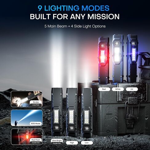 EDC Tactical Flashlight, Flat Flashlights Rechargeable,Dual-Switches LED Small Flashlight with Digital Display,Stainless Steel 8 Modes Pocket Flash Light for Home, Camping,and Emergency Use in Saudi Arabia