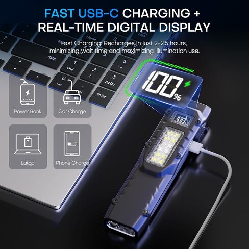 EDC Tactical Flashlight, Flat Flashlights Rechargeable,Dual-Switches LED Small Flashlight with Digital Display,Stainless Steel 8 Modes Pocket Flash Light for Home, Camping,and Emergency Use in Saudi Arabia