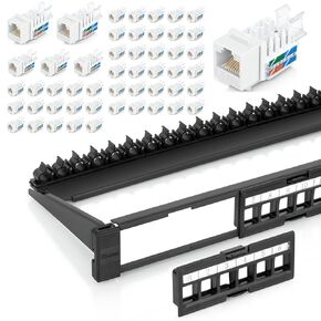 حزمة Everest Media Solutions - 2 عنصر: لوحة تصحيح Keystone 24 منفذ + 50 حزمة من RJ45 CAT6 Keystone Jacks - أبيض