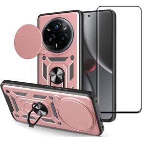 Case for Realme 14 Pro 5G with Tempered Glass Screen Protector,Sliding Camera Window, Kickstand, Shock-Proof Anti-Scratch Dual-Layer Phone Cover,Rose Gold