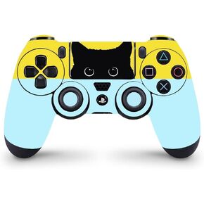 ZOOMHITSKINS Compatible with PS4 Controller Skin, Black Cat Neko Feline Yellow Blue Vintage Cute, Durable, Vinyl, Made in The USA