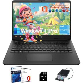 HP Student Business Laptop Computer - w/Microsoft Office Lifetime & Free CD/DVD Drive • 16GB RAM • 128GB eMMC & 256GB Extend Micro SD • Intel 4-Core Processor • HD Display • Win11 Pro(Black)