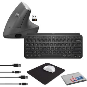 Logitech MX Keys Mini Wireless Keyboard (Black) Bundle with Logitech MX Vertical Advanced Ergonomic Mouse (Graphite) + Belkin Mouse Pad (Black) + Microfiber Cleaning Cloth