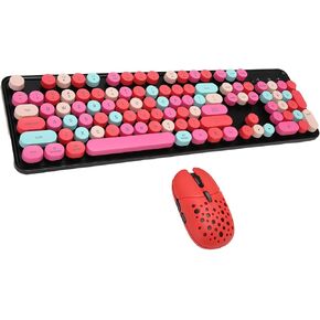 Acogedor 2.4G Keyboard and Mouse Combo, Colorful Cute Round Keycaps Typewriter Keyboard with USB Receiver, for PC Laptop Desktop (Mixed Color Red)