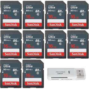SanDisk 16GB Ultra SDHC UHS-I Class 10 Memory 80MB/s U1, Full HD, SD Camera Card SDSDUNS-016G (10 Pack) Bundle with (1) GoRAM USB 3.0 Multi Card Reader (16GB)