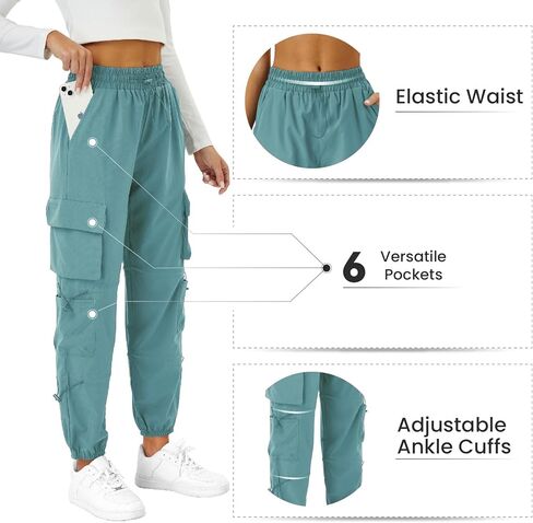 سراويل باراشوت كارجو للسيدات مع جيوب سريعة الجفاف للمشي لمسافات طويلة خفيفة الوزن ومقاومة للماء in Kuwait