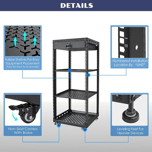 16U Server Rack Cabinet مع درج ورف رف كامل الحجم - لوحات متكاملة أعلى/أسفل ، و 4 عجلات متداولات لاستوديو المعدات والمنزل 19 بوصة in Kuwait