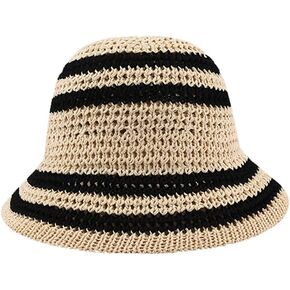 Summer Straw Sun Hat for Women Outdoor Striped Sun Protection Beach Bucket Hat