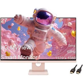 LG 27 MyView Smart Monitor, FHD IPS, 5ms, 60hz, WebOS 23, Built-in Speakers, ThinQ Home Dashboard, AirPlay 2, Screen Share, Bluetooth, HDR10, Flicker Safe, Reader Mode, Pink, with 5ave HDMI