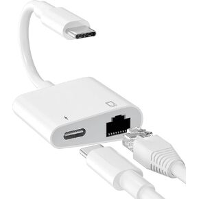 USB C to Ethernet Adapter, 2 in 1 RJ45 Ethernet LAN Network Adapter with USB Type C Charge Port Compatible with iPhone 16 15 Pro Max iPad and USB C Devices,Plug and Play,Supports 100Mbps Network