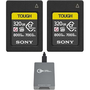 Sony Tough 320GB CFexpress Type-A Memory Card, 2-Pack, Bundle with USB-C CFexpress Type-A and SD UHS-II Card Reader
