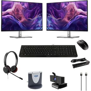 العمل من حزمة المنزل بواسطة الاتصالات الصنج. شاشات مزدوجة ، Evolve 30 II سماعات الرأس ، كاميرا الويب ، لوحة المفاتيح ، الماوس والإكسسوارات