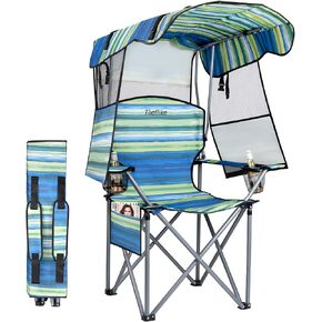 Folding Camping Chair with Reinforced Shade Canopy Comfortable Wide Seat with Cup Holder and Side Pocket Portable Outdoor Chair for Beach Fishing Sports Lawn Supports 350 LBS