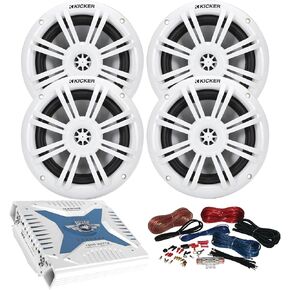 Kicker 6.5" 150 Watt Max Marine White Speakers (Qty 4) with 1000 Watt 4-Channel Bluetooth Amplifier with Installation Wiring Kit