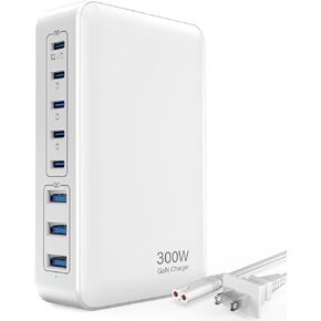 USB C Charger Block Charging Station - 300W Fast GaN 8-Port Multiple USB Charging Hub, Upgraded PD 100W Laptop Charger Compatible with MacBook Pro/Air, iPad, iPhone 16/15/14, Galaxy S23/22, 5ft Cord