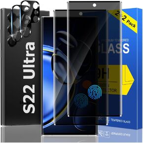 [2+2 Packs] For Galaxy S22 Ultra Privacy Screen Protector and Camera Lens Protector, Fingerprint Unlock, 9H Hardness, No Bubble, Easy Installation, Anti Scratch (6.8 Inch)