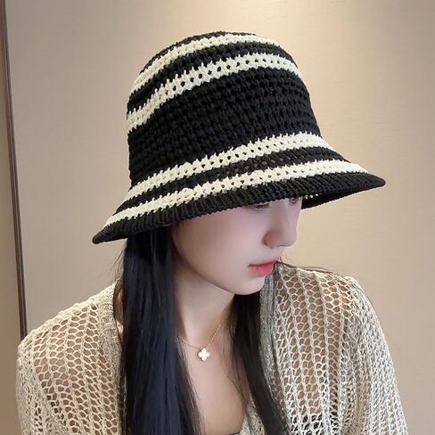 Summer Straw Sun Hat for Women Outdoor Striped Sun Protection Beach Bucket Hat in Saudi Arabia