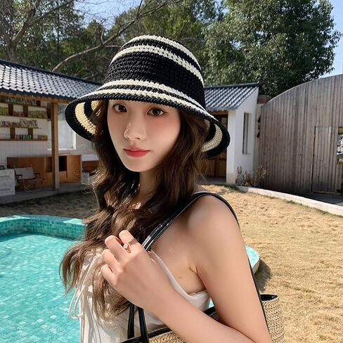 Summer Straw Sun Hat for Women Outdoor Striped Sun Protection Beach Bucket Hat in Saudi Arabia