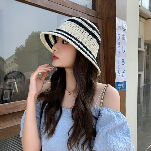 Summer Straw Sun Hat for Women Outdoor Striped Sun Protection Beach Bucket Hat in Saudi Arabia