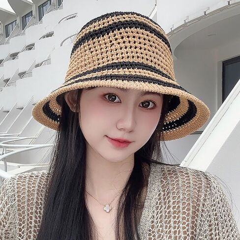 Summer Straw Sun Hat for Women Outdoor Striped Sun Protection Beach Bucket Hat in Saudi Arabia