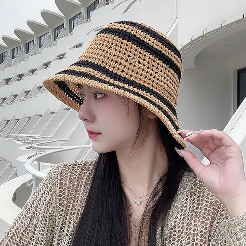 Summer Straw Sun Hat for Women Outdoor Striped Sun Protection Beach Bucket Hat in Saudi Arabia