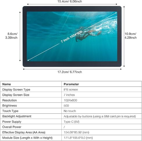 7 Inches USB Mini Monitor 1024x600 IPS Screen for AIDA64 Type C Sub Screen for PC Secondary Display Computer Case DIY & Monitoring in Saudi Arabia