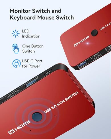 KVM Switch, ABLEWE Aluminum KVM Switch HDMI,KVM Switch for 2 Computers Sharing One Monitor and Mouse Keyboard Printer,Support 4K@60Hz,2 HDMI Cables and 2 USB Cables,USB C Charge Included in Kuwait