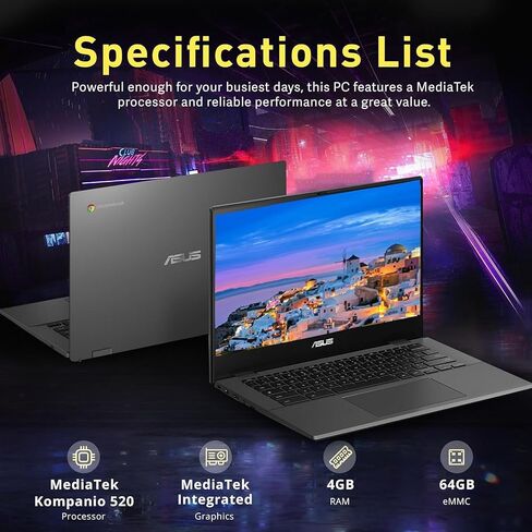 Asus -Chromebook Laptop -Google Chrome - 8core Mediatek Kompanio 520-14 Inch FHD Display - USB C - Wi -Fi 6 - عمر بطارية طويل - طالب - 2024 (ذاكرة الوصول العشوائي 4GB | 96GB تخزين) in Kuwait
