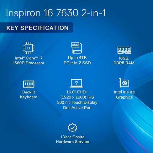 Dell Inspiron 7630 I7 16 "Business 2-in-1 Laptop ، FHD+ Touchscreen ، Intel Core I7-1360p ، 16GB DDR5 RAM ، 4TB PCIE SSD ، قارئ بطاقة SD ، Lacklit KB ، HDMI ، Wi-Fi 6 ، Win 11 Pro in Kuwait