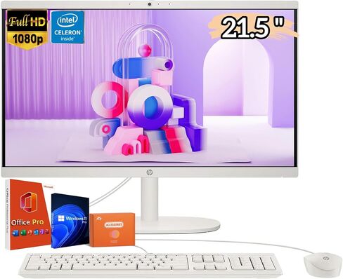 HP 2025 All-in-One Desktop PC, 21.5'' FHD LED Display, Intel Celeron J4025 Processor, Office Pro Lifetime, Windows 11 Pro, 32GB RAM, 2TB SSD, Wi-Fi 6, Bluetooth, with Accessories in Saudi Arabia