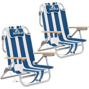 SUN NINJA Beach Chair – Folding Chair for Beach with 5 Reclining Positions, Cup & Phone Holder, Insulated Back Storage Pouch, Portable Lightweight Aluminum Frame - Navy Strips - 2pc